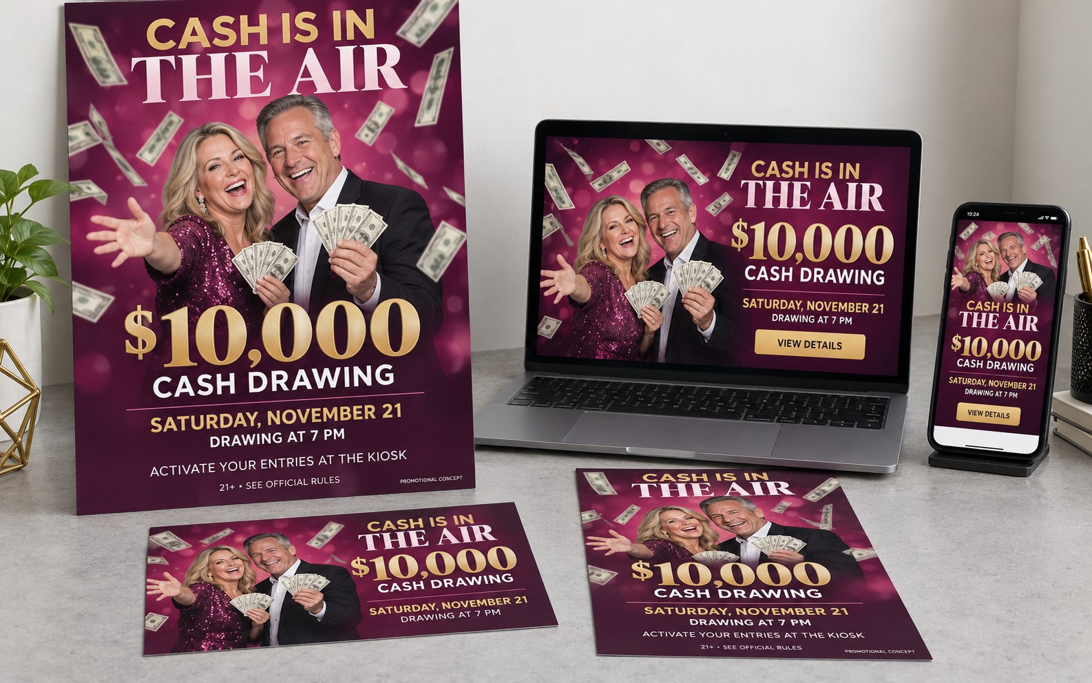 Unbranded Cash Is in the Air drawing concept across a poster, postcard, flyer, website and mobile email creative