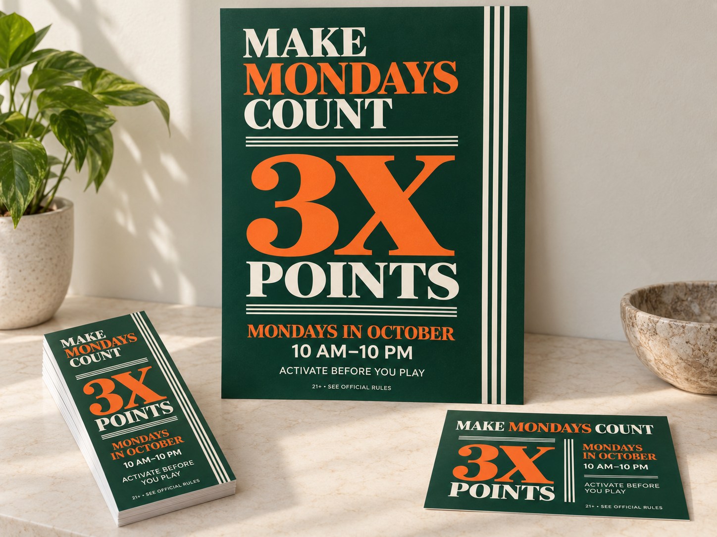 Unbranded Make Mondays Count three-times-points concept across a poster, rack cards and direct-mail card