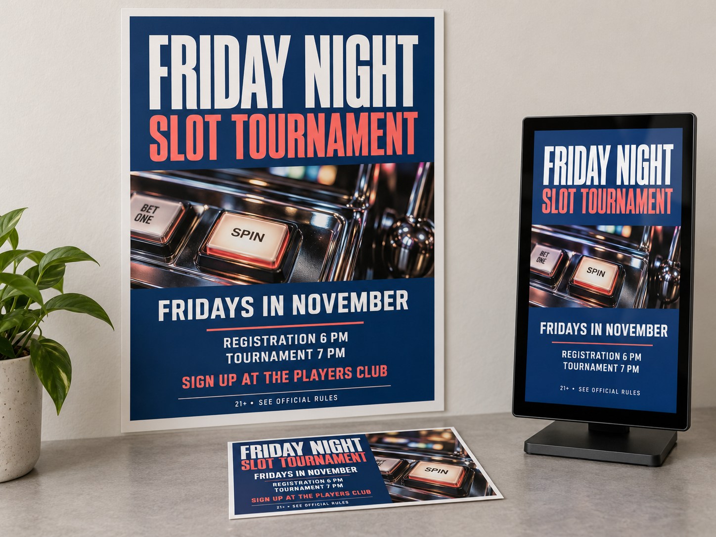 Unbranded Friday Night slot-tournament concept coordinated across a flat poster, direct-mail card and digital display