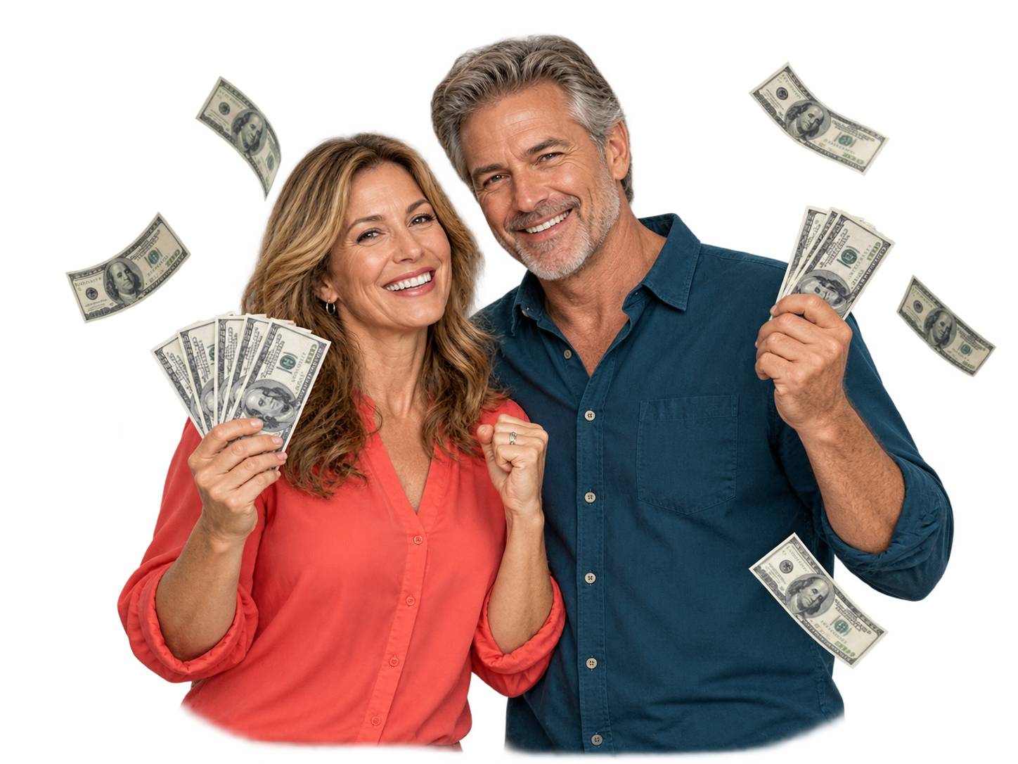 Original promotional concept with two smiling adult models holding cash and banknotes floating around them