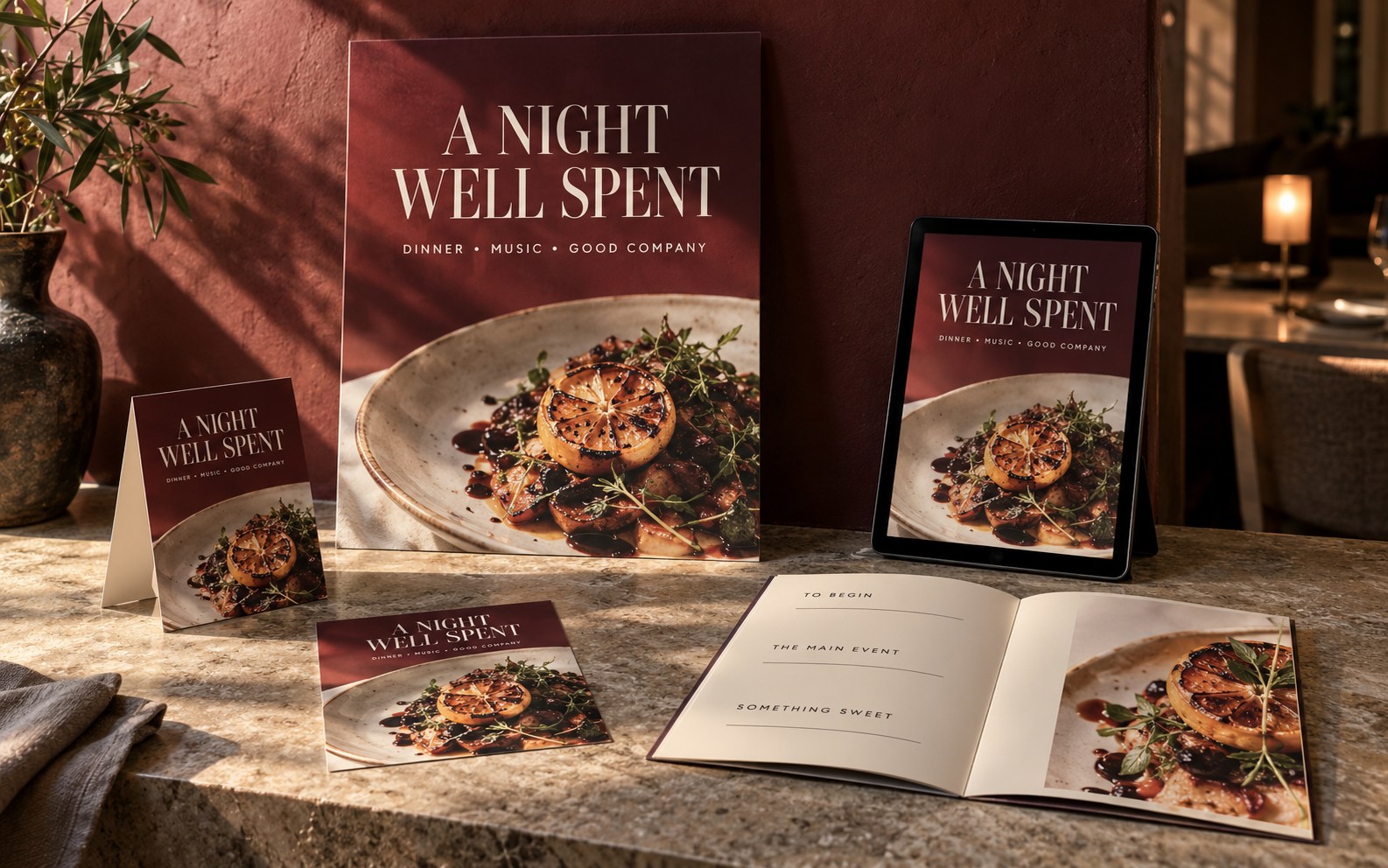 Original A Night Well Spent hospitality concept across a poster, table tent, menu, postcard and digital display