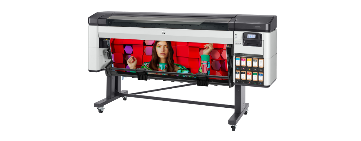HP DesignJet Z9+ Pro large-format printer with a full-color print emerging