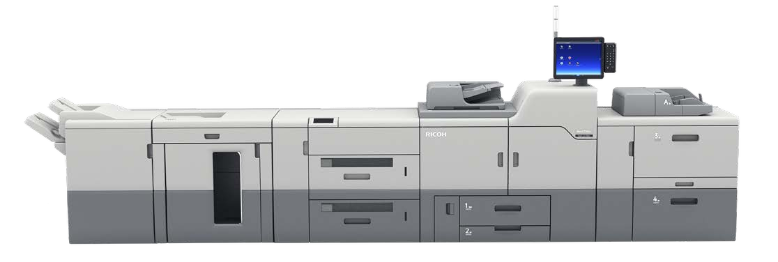Scanner-equipped Ricoh C7200 series press with a feeder and multiple finishing modules