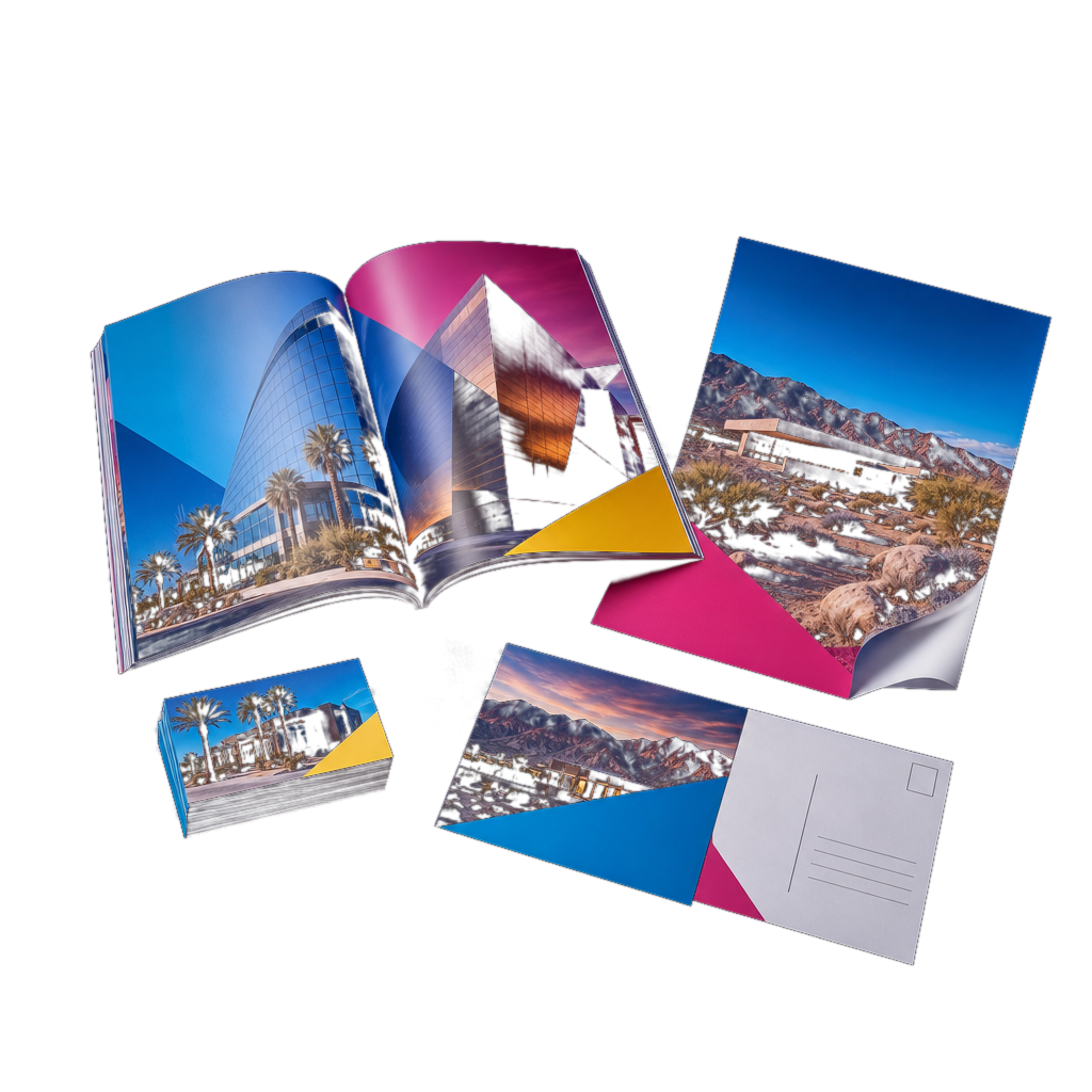 A premium open magazine, glossy flyer, business cards, and postcards arranged in a dramatic studio composition