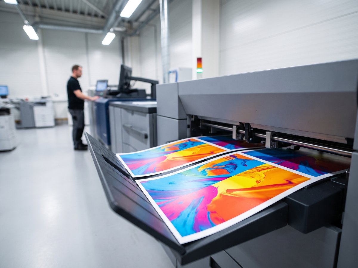 A digital production press delivering freshly printed full-color sheets