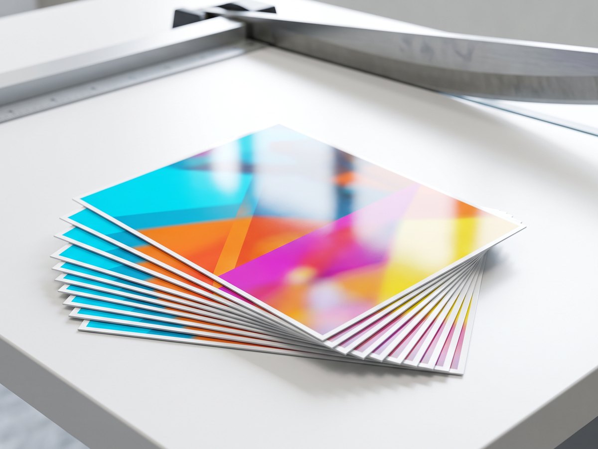 Full-color flyers fanned out on a print shop table