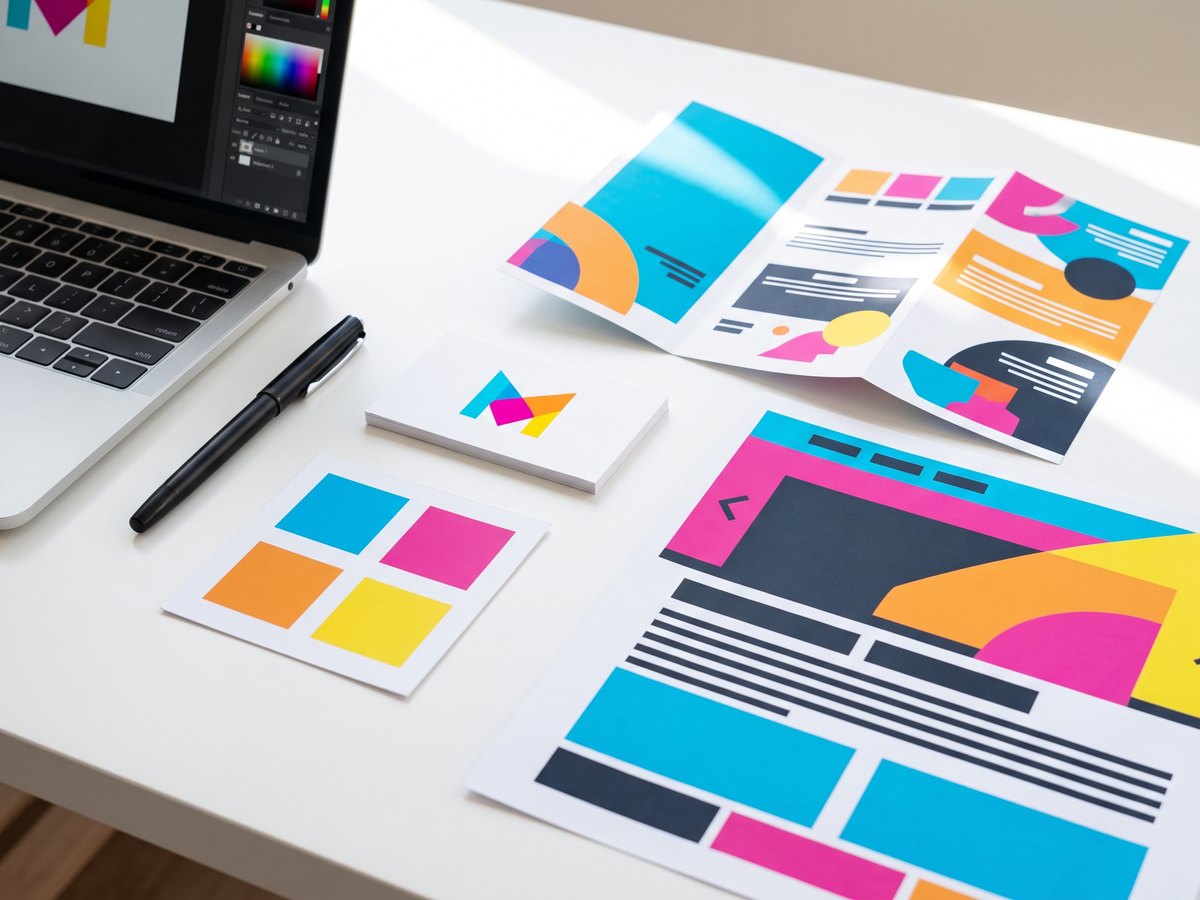 Printed brand mockups, a logo card, a color swatch card and a brochure laid out on a designer's desk