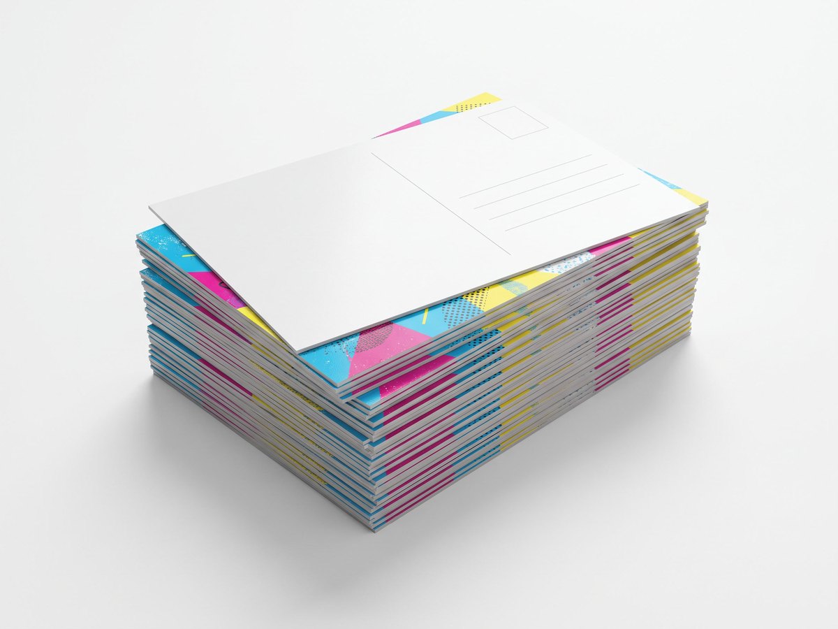 A stack of printed postcards with one turned to show the address side