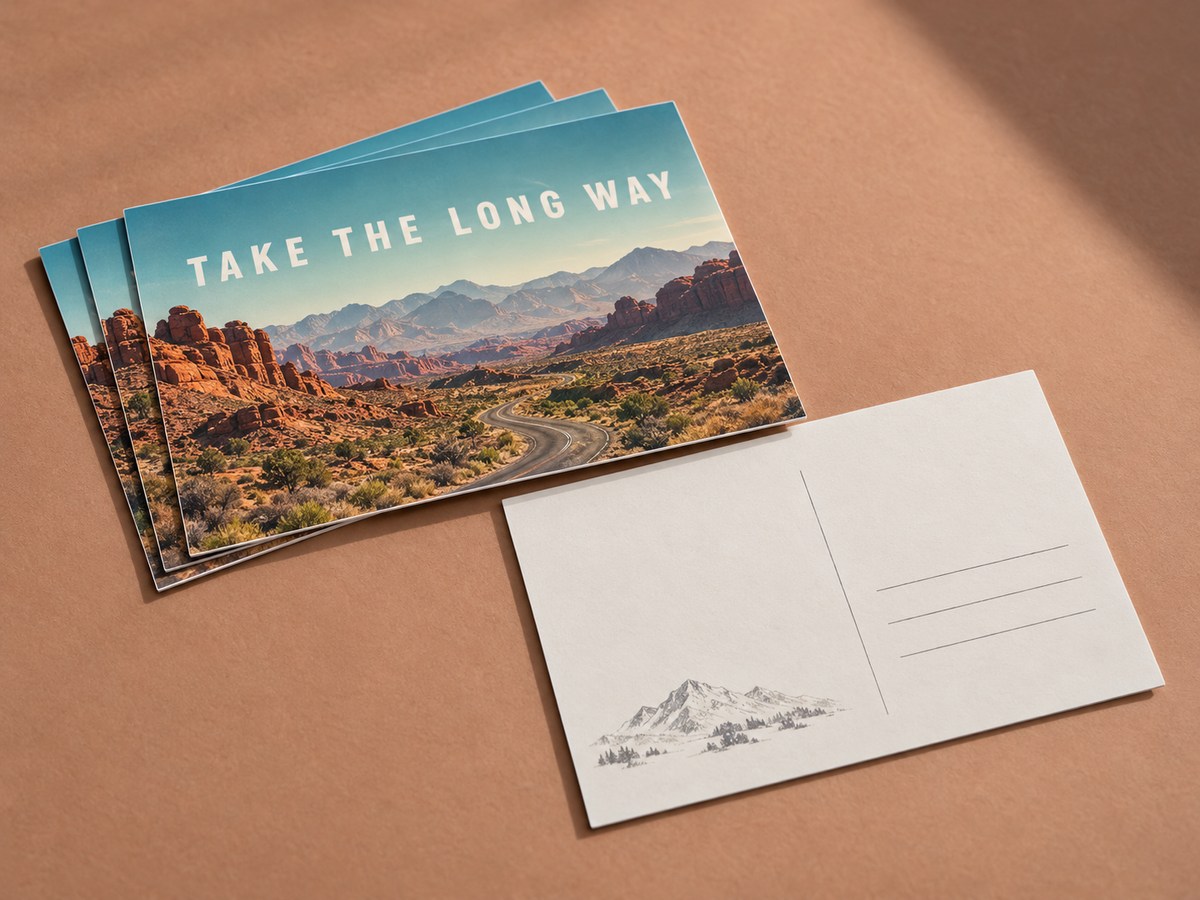 Original desert travel postcard concepts showing the printed front and address-side layout