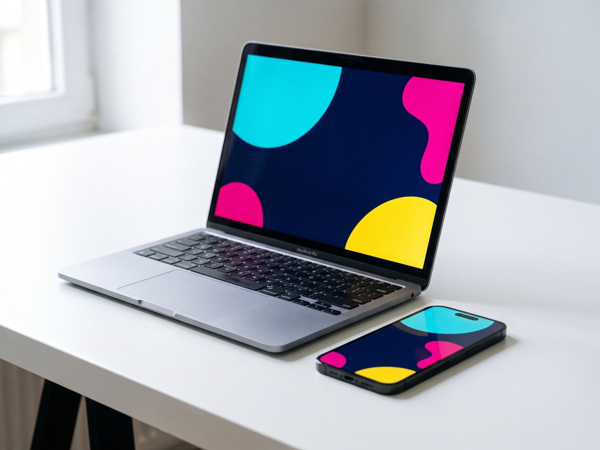 A laptop and a phone on a desk showing the same colorful small-business website