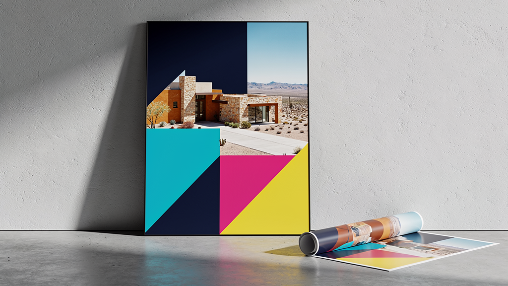A large mounted poster with a matching wide-format print partially rolled on the floor