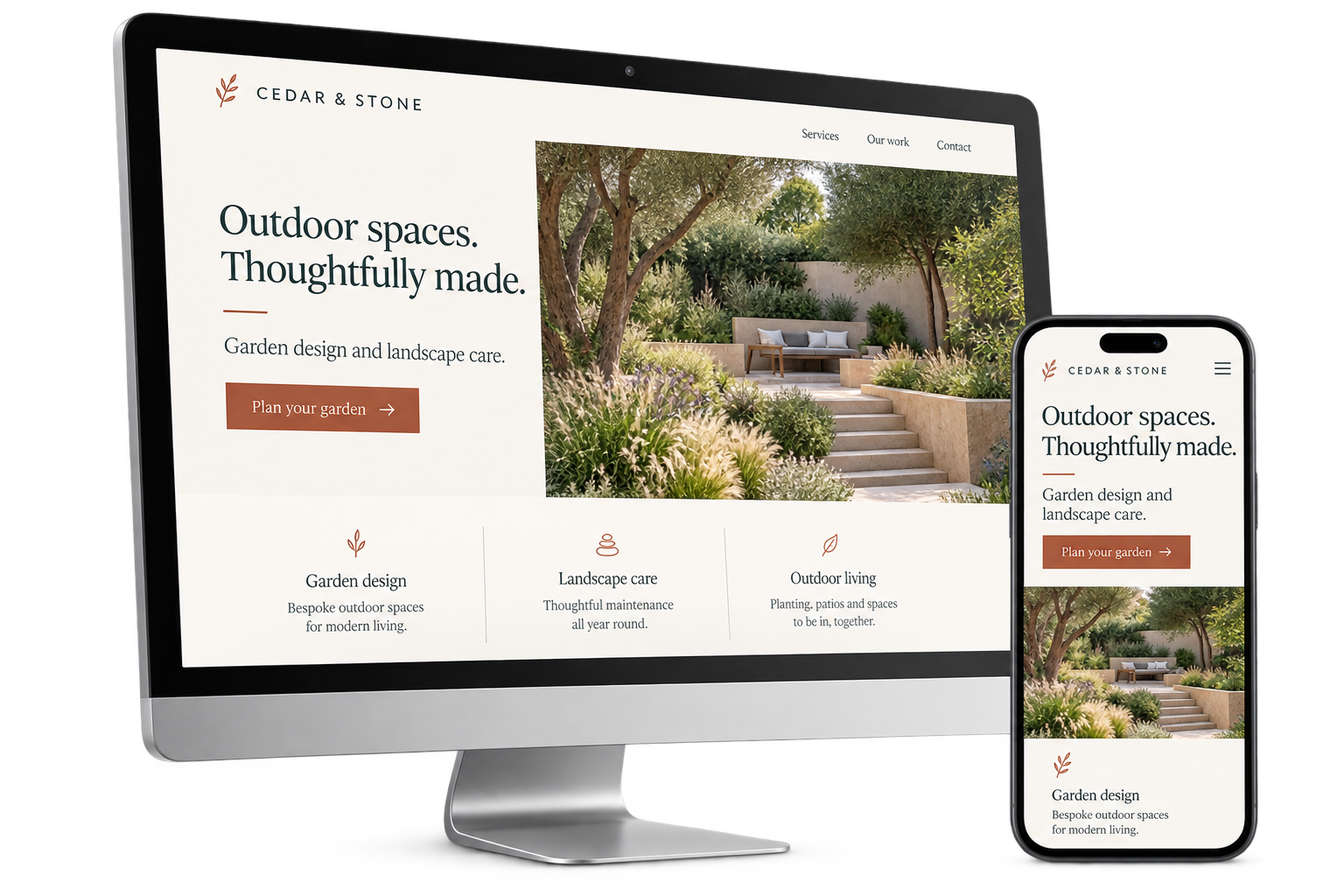 Original Cedar and Stone landscaping website concept shown on desktop and phone screens