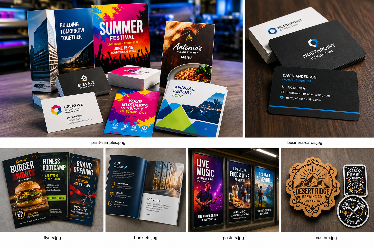 Colorful print samples including business cards, flyers, posters and booklets